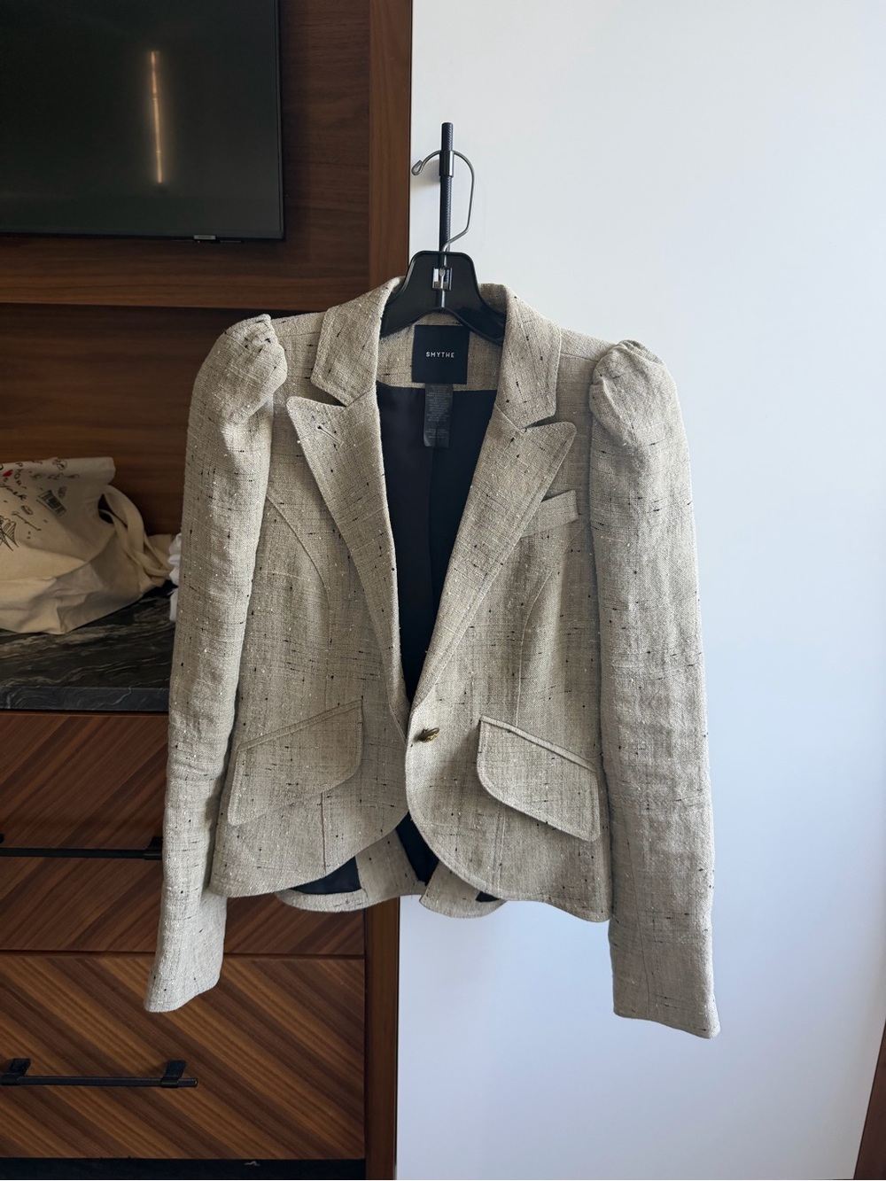 Smythe Cream-Beige Tweed Puff-Shoulder Blazer